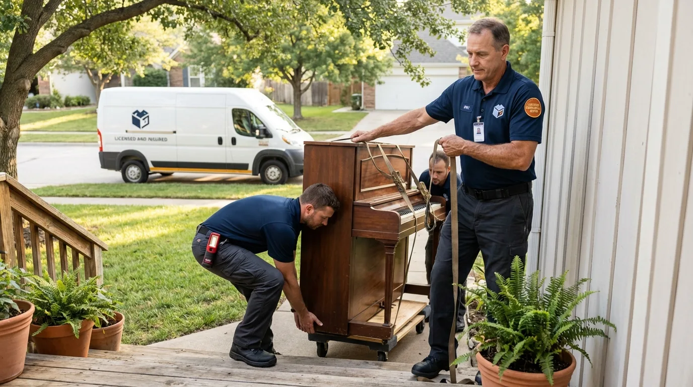 Licensed piano movers securing grand piano in Trappe, MD