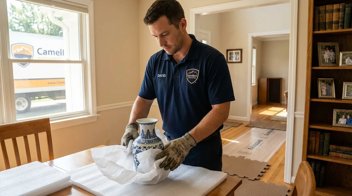 Professional crew carefully wrapping antique vase for senior downsizing move in Trappe, MD